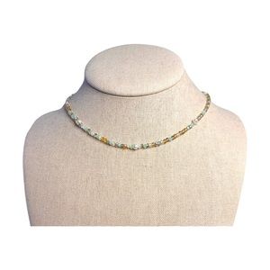 Pastel blue, pearls, and gold tone beaded necklace, dainty cottagecore, coquette